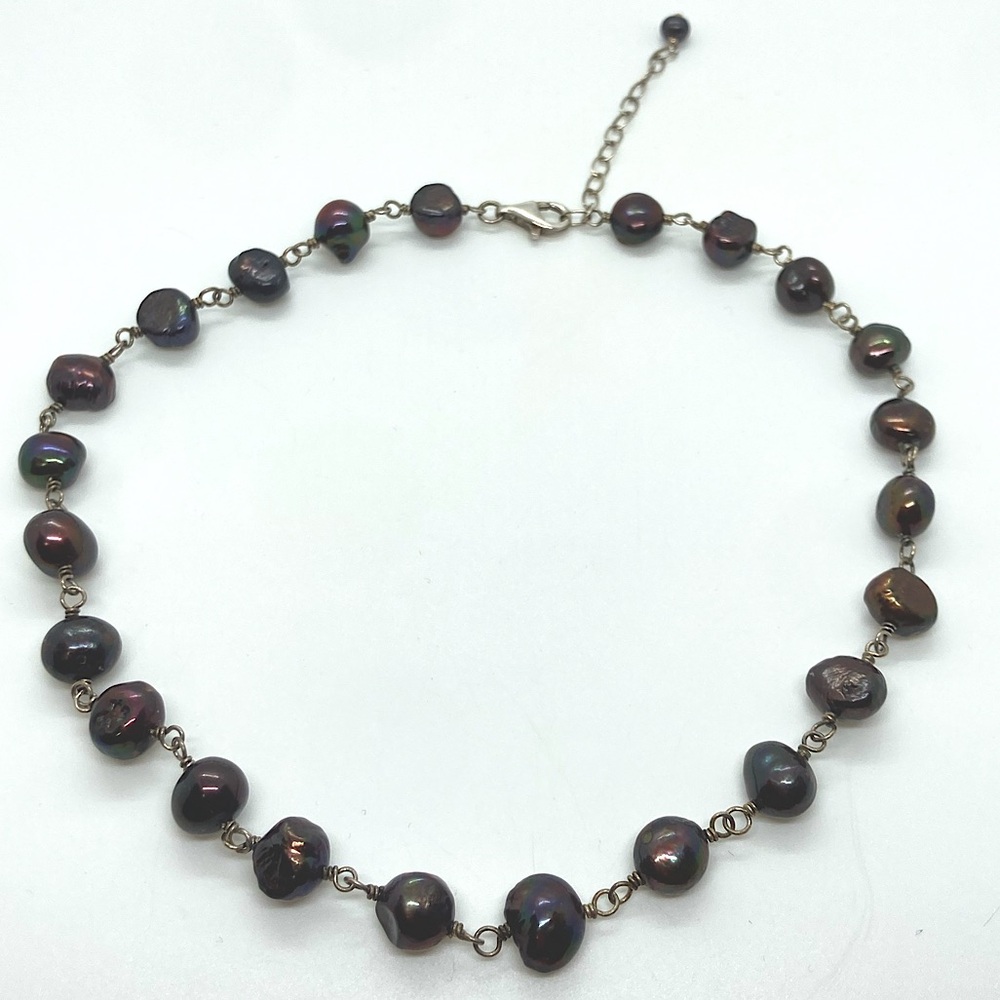 Vtg Sterling Silver & Purple Peacock Freshwater Pearl Necklace | 15” - 17”